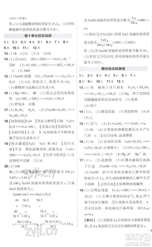 武汉出版社2023状元成才路创优作业九年级化学下册人教版参考答案