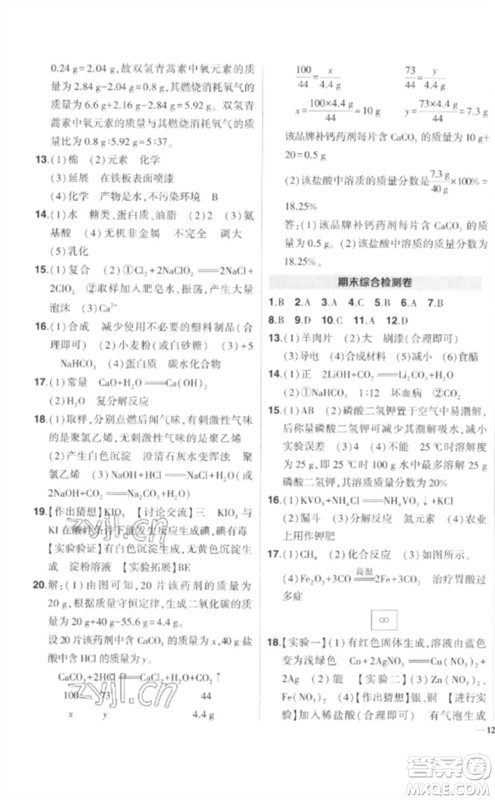 武汉出版社2023状元成才路创优作业九年级化学下册人教版参考答案