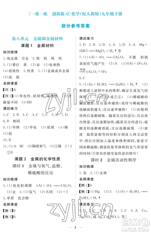 江西人民出版社2023一课一练创新练习九年级下册化学人教版参考答案
