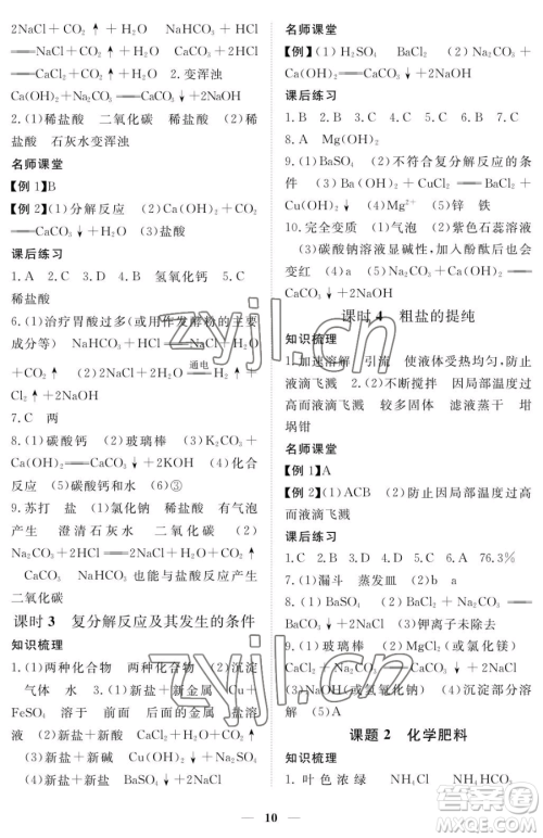 江西人民出版社2023一课一练创新练习九年级下册化学人教版参考答案
