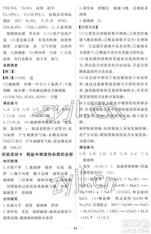 江西人民出版社2023一课一练创新练习九年级下册化学人教版参考答案