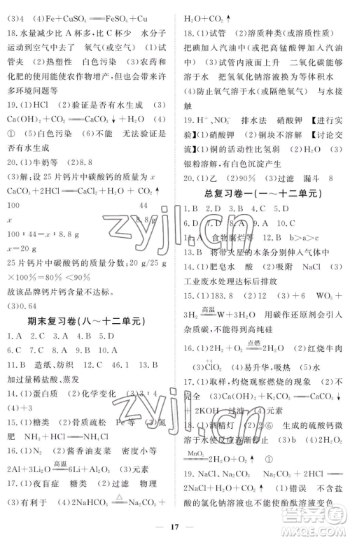 江西人民出版社2023一课一练创新练习九年级下册化学人教版参考答案