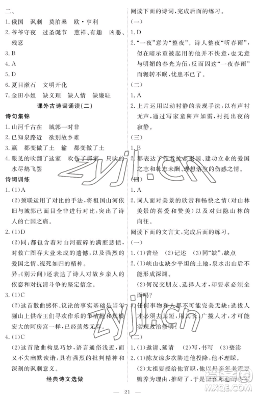 江西人民出版社2023一课一练创新练习九年级下册语文人教版参考答案