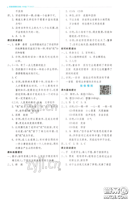 江苏人民出版社2023实验班提优训练六年级下册语文人教版参考答案