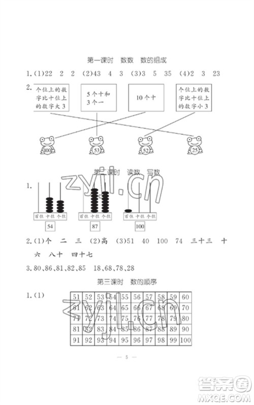 江西教育出版社2023年芝麻开花课堂作业本一年级数学下册人教版参考答案