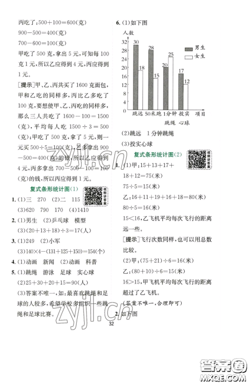 江苏人民出版社2023实验班提优训练四年级下册数学人教版参考答案