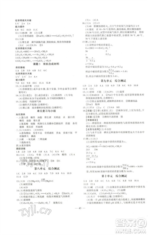 安徽大学出版社2023创新课堂创新作业本九年级化学下册人教版参考答案 安徽大学出版社2023创新课堂创新作业本九年级化学下册人教版参考答案