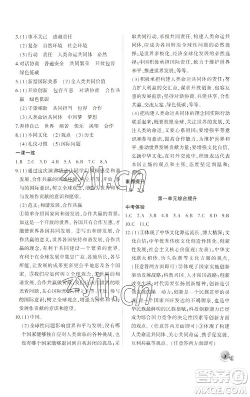 安徽大学出版社2023创新课堂创新作业本九年级道德与法治下册部编版参考答案