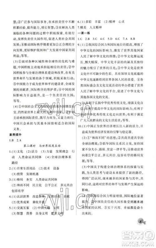 安徽大学出版社2023创新课堂创新作业本九年级道德与法治下册部编版参考答案