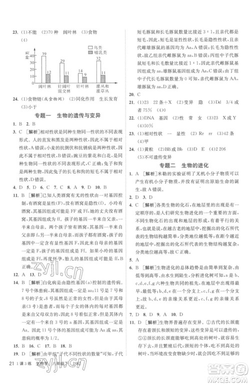 江苏人民出版社2023春季1课3练单元达标测试八年级下册生物苏科版参考答案