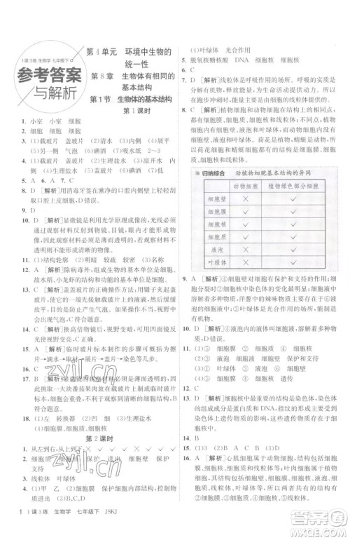 江苏人民出版社2023春季1课3练单元达标测试七年级下册生物苏科版参考答案