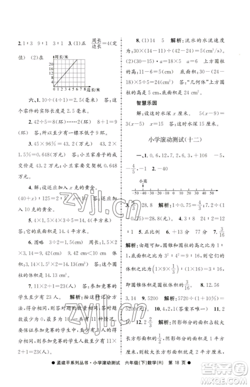 浙江工商大学出版社2023孟建平小学滚动测试六年级下册数学人教版参考答案