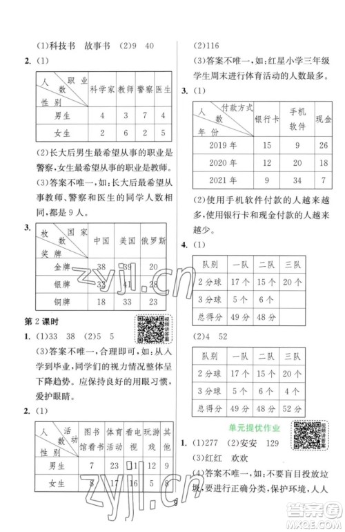 江苏人民出版社2023春季1课3练单元达标测试三年级下册数学人教版参考答案