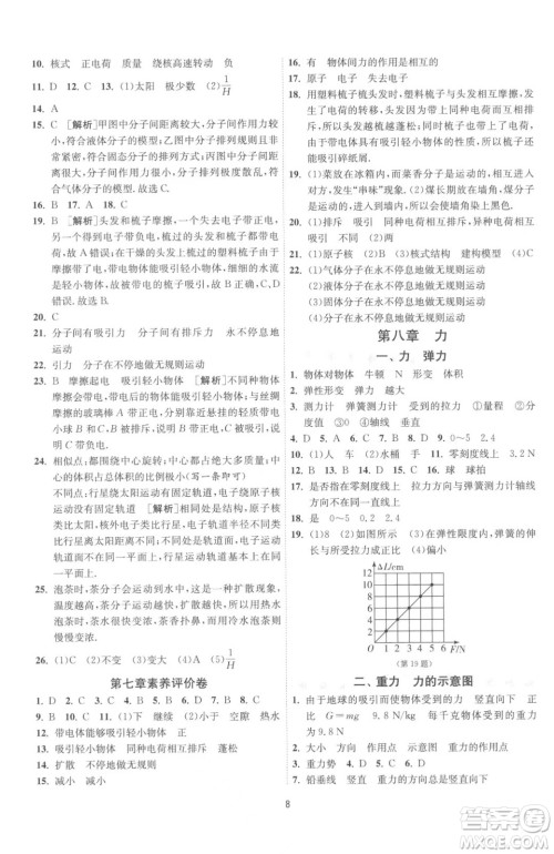 江苏人民出版社2023春季1课3练单元达标测试八年级下册物理苏科版参考答案