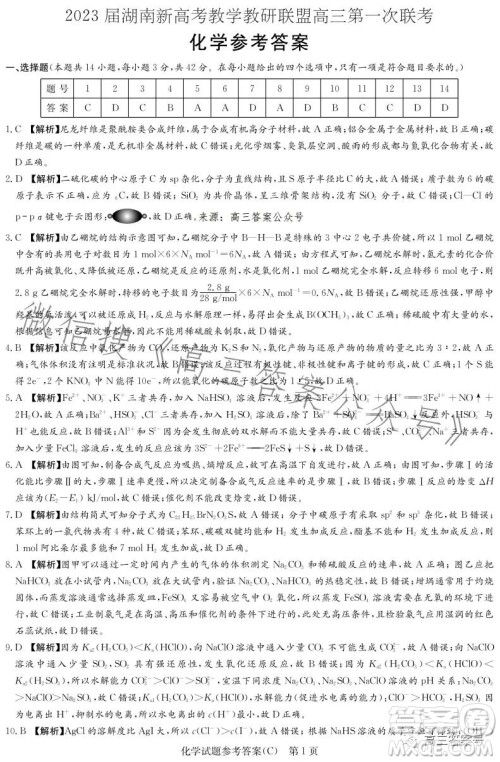 2023届湖南新高考教学教研联盟高三第一次联考化学试卷答案 2023届湖南新高考教学教研联盟高三第一次联考化学试卷答案
