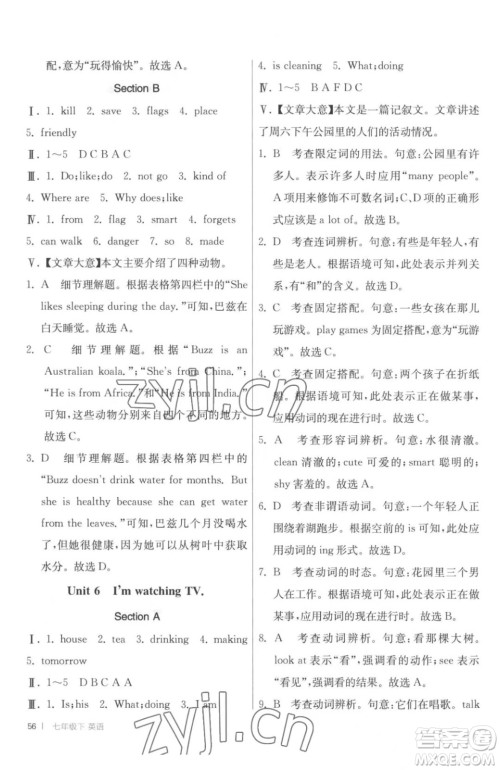 江苏人民出版社2023春季1课3练单元达标测试七年级下册英语人教版参考答案