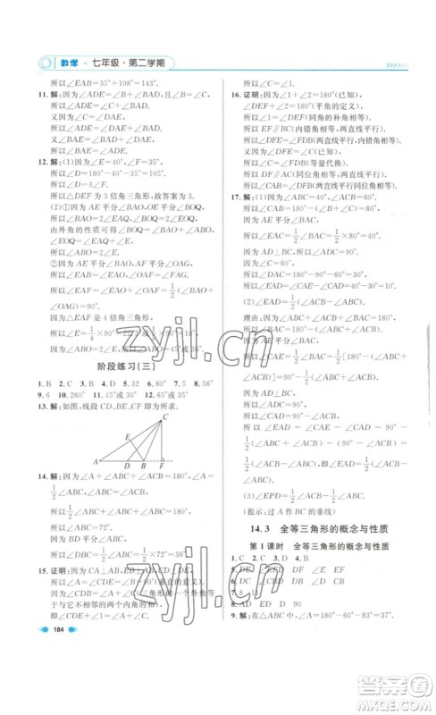 天津人民出版社2023上海作业数学七年级下册沪教版答案