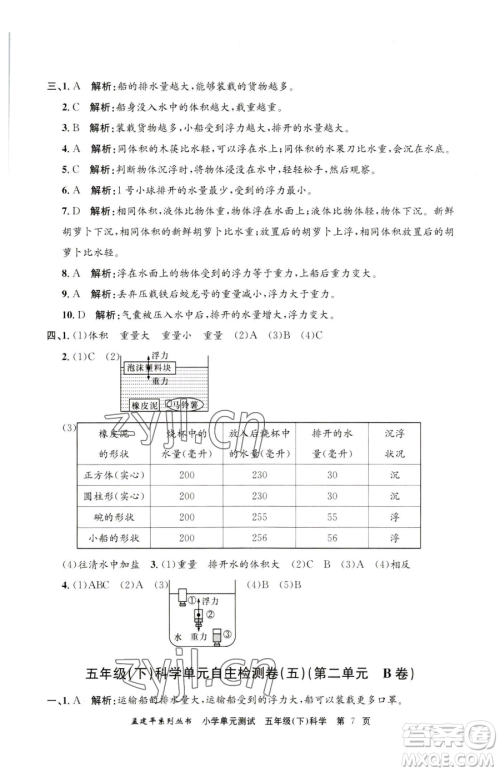 浙江工商大学出版社2023孟建平小学单元测试五年级下册科学教科版参考答案 浙江工商大学出版社2023孟建平小学单元测试五年级下册科学教科版参考答案