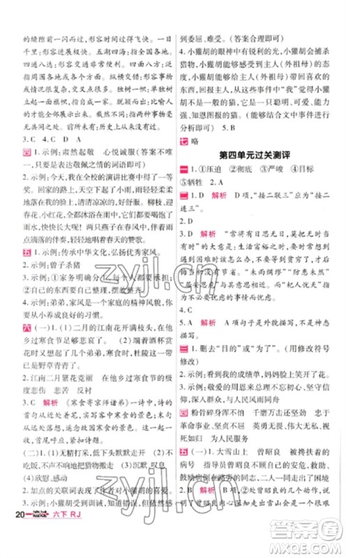 南京师范大学出版社2023一遍过六年级语文下册人教版参考答案