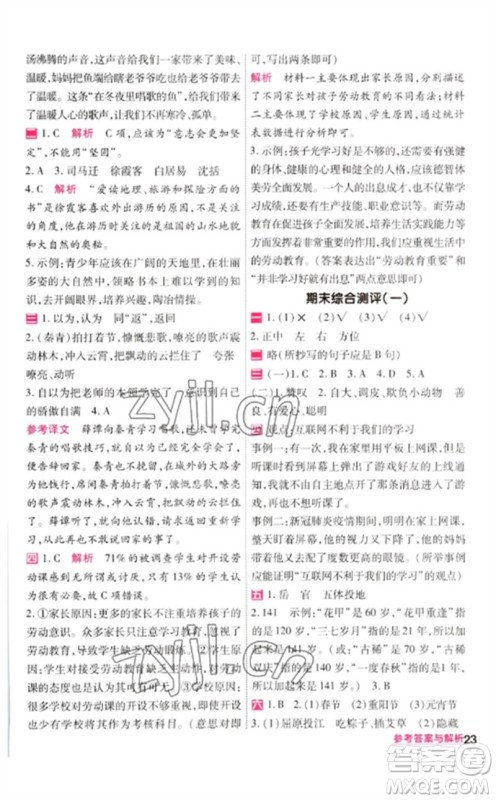 南京师范大学出版社2023一遍过六年级语文下册人教版参考答案