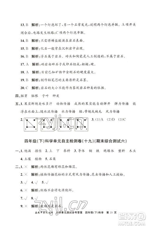 浙江工商大学出版社2023孟建平小学单元测试四年级下册科学教科版参考答案 浙江工商大学出版社2023孟建平小学单元测试四年级下册科学教科版参考答案