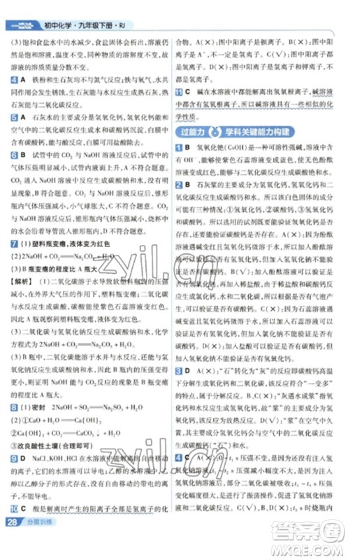 南京师范大学出版社2023一遍过九年级化学下册人教版参考答案