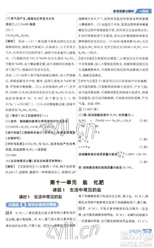 南京师范大学出版社2023一遍过九年级化学下册人教版参考答案