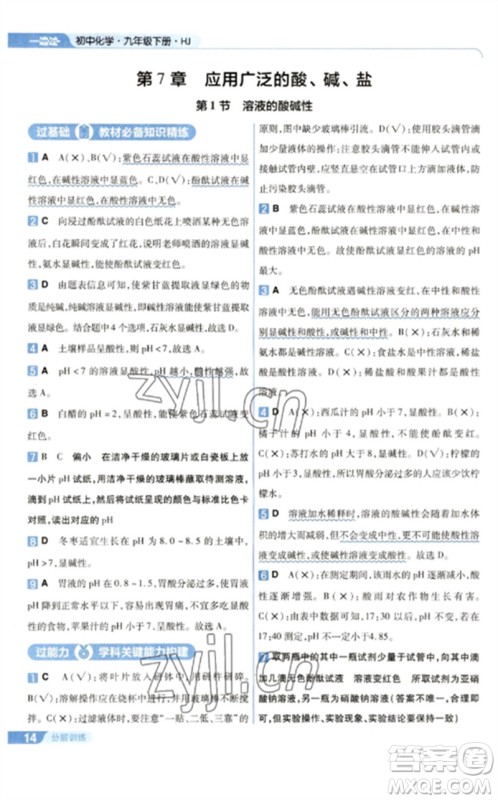 南京师范大学出版社2023一遍过九年级化学下册沪教版参考答案