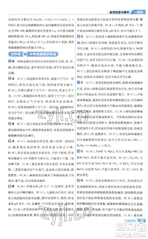 南京师范大学出版社2023一遍过九年级化学下册沪教版参考答案