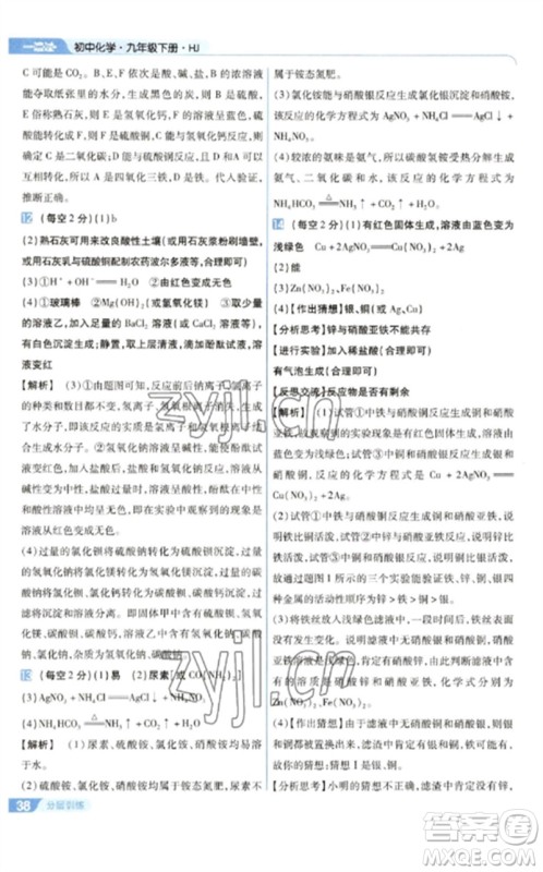 南京师范大学出版社2023一遍过九年级化学下册沪教版参考答案