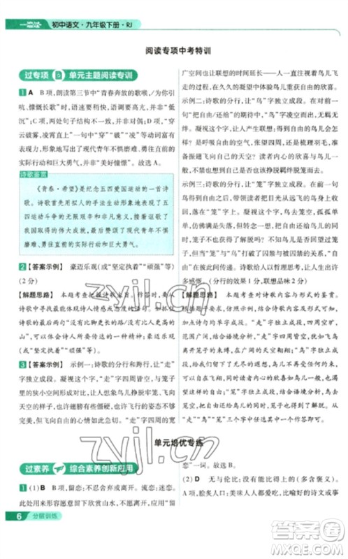 南京师范大学出版社2023一遍过九年级语文下册人教版参考答案 南京师范大学出版社2023一遍过九年级语文下册人教版参考答案