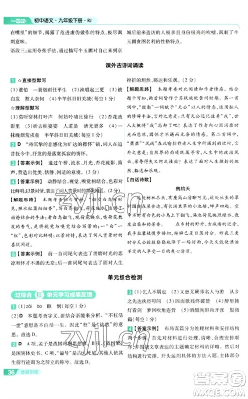 南京师范大学出版社2023一遍过九年级语文下册人教版参考答案