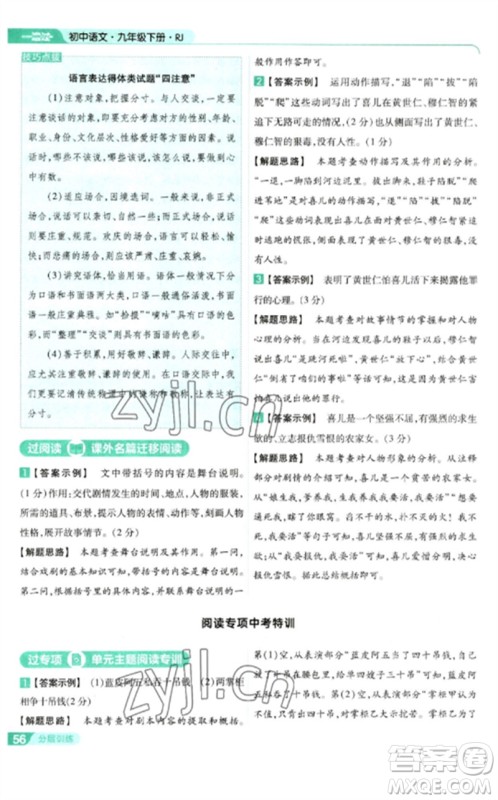 南京师范大学出版社2023一遍过九年级语文下册人教版参考答案