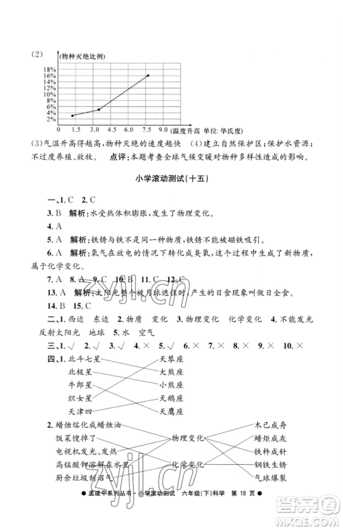 浙江工商大学出版社2023孟建平小学滚动测试六年级下册科学教科版参考答案