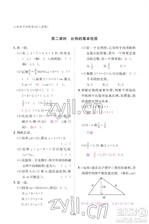 江西教育出版社2023年芝麻开花课堂作业本六年级数学下册人教版参考答案