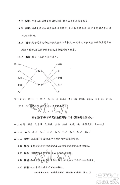 浙江工商大学出版社2023孟建平小学单元测试三年级下册科学教科版参考答案