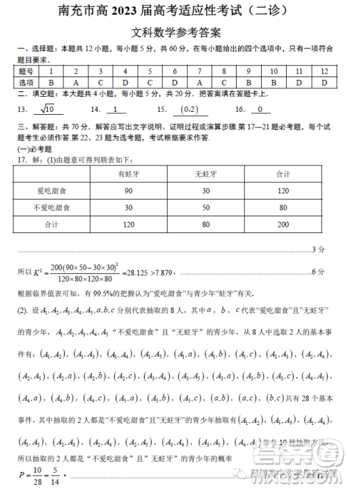 南充市高2023届高考适应性考试二诊文科数学试卷答案 南充市高2023届高考适应性考试二诊文科数学试卷答案