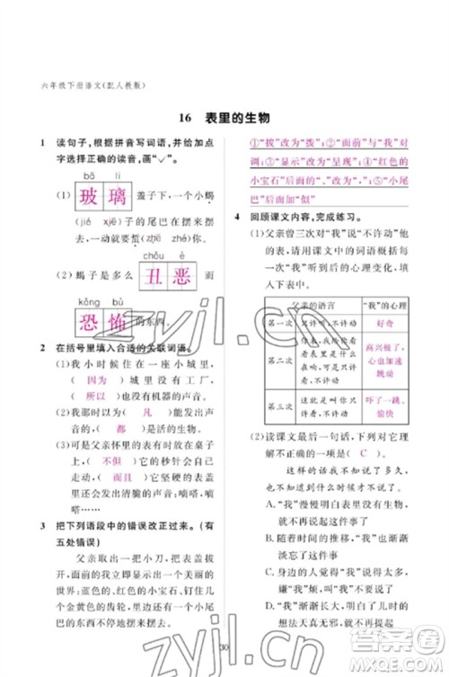 江西教育出版社2023年芝麻开花课堂作业本六年级语文下册人教版参考答案