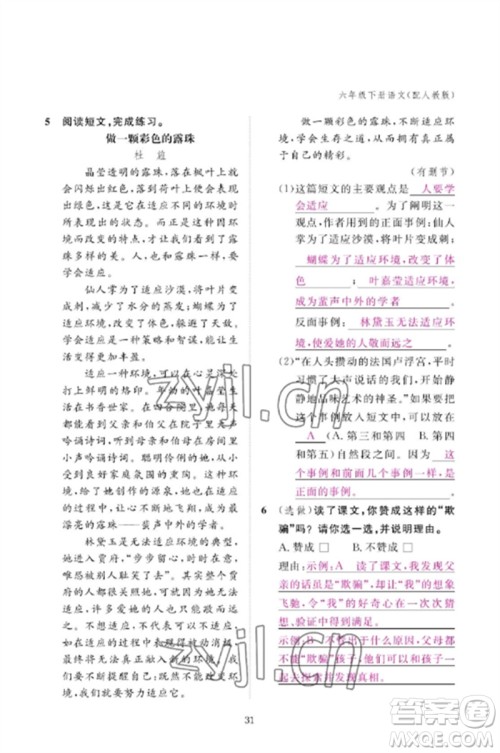 江西教育出版社2023年芝麻开花课堂作业本六年级语文下册人教版参考答案
