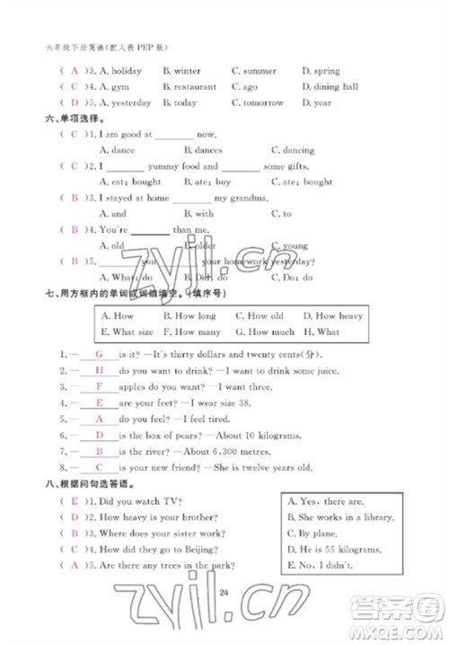 江西教育出版社2023年芝麻开花课堂作业本六年级英语下册人教PEP版参考答案 江西教育出版社2023年芝麻开花课堂作业本六年级英语下册人教PEP版参考答案
