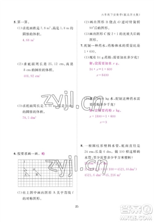 江西教育出版社2023年芝麻开花课堂作业本六年级数学下册北师大版参考答案