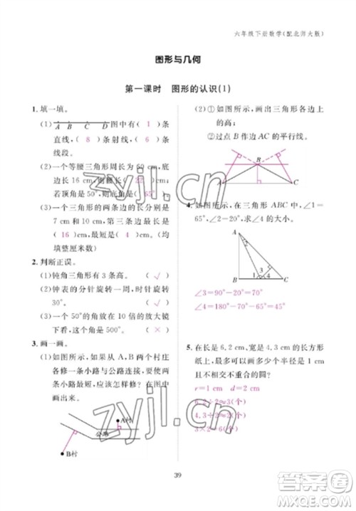 江西教育出版社2023年芝麻开花课堂作业本六年级数学下册北师大版参考答案