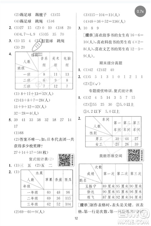 江苏人民出版社2023实验班提优训练三年级数学下册人教版参考答案