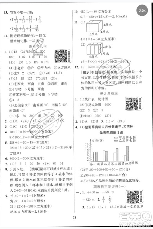 江苏人民出版社2023实验班提优训练五年级数学下册人教青岛版参考答案