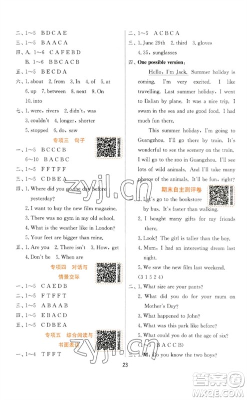 江苏人民出版社2023实验班提优训练六年级英语下册人教PEP版参考答案