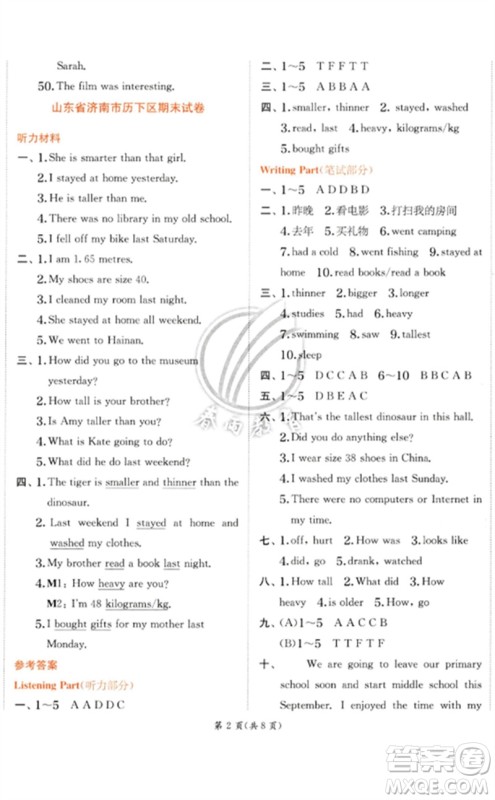 江苏人民出版社2023实验班提优训练六年级英语下册人教PEP版参考答案