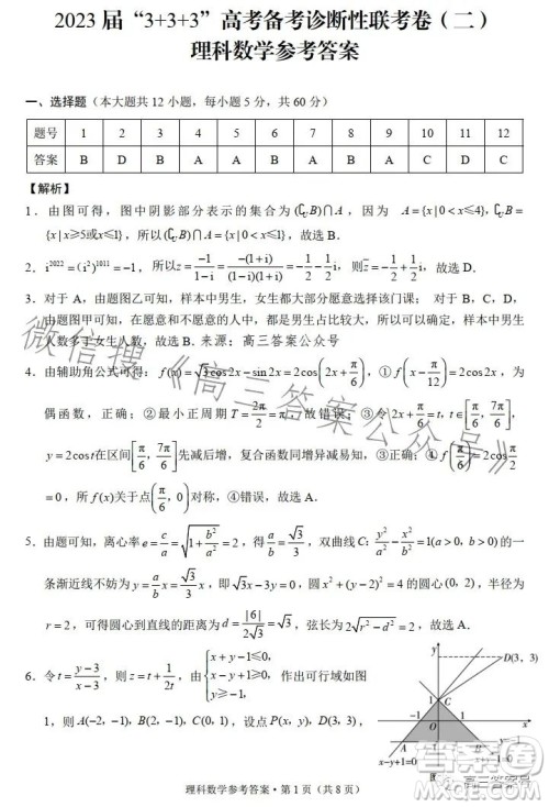 2023届3+3+3高考备考诊断性联考卷二理科数学试卷答案 2023届3+3+3高考备考诊断性联考卷二理科数学试卷答案