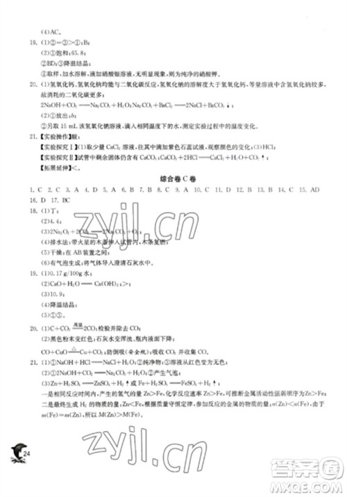 江苏人民出版社2023实验班提优训练九年级化学下册沪教版上海专版参考答案 江苏人民出版社2023实验班提优训练九年级化学下册沪教版上海专版参考答案
