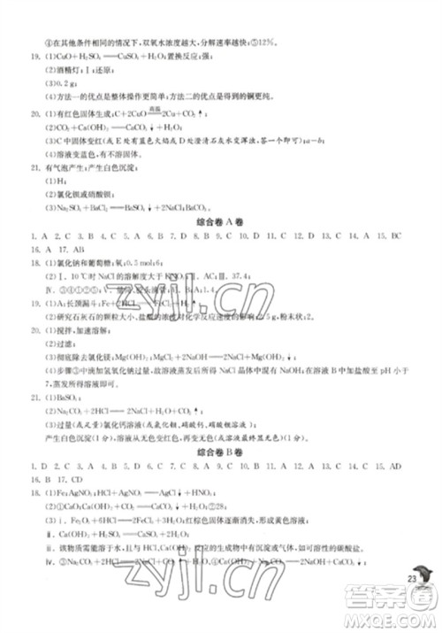 江苏人民出版社2023实验班提优训练九年级化学下册沪教版上海专版参考答案 江苏人民出版社2023实验班提优训练九年级化学下册沪教版上海专版参考答案