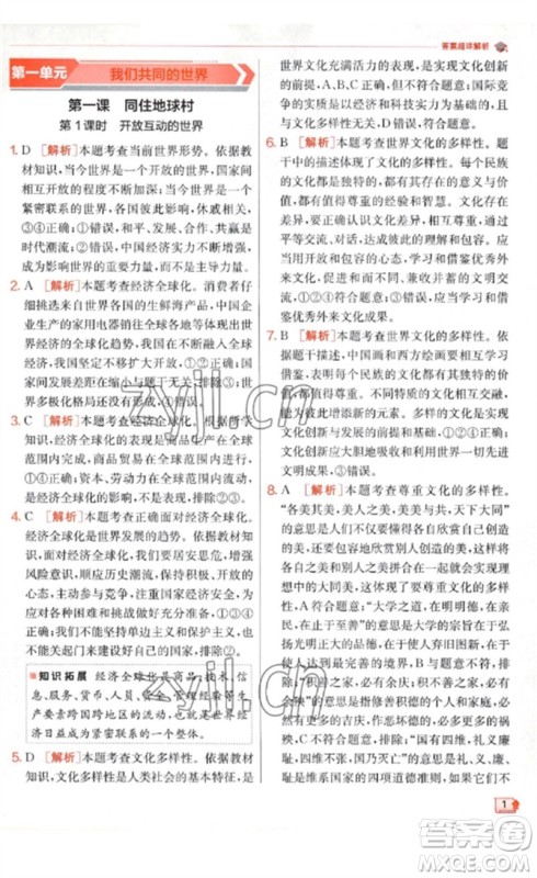 江苏人民出版社2023实验班提优训练九年级道德与法治下册人教版参考答案